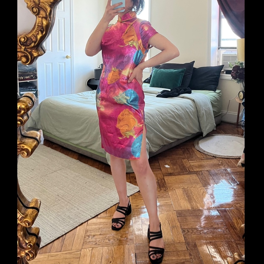 VINTAGE Metallic Floral Asian Style Midi Dress
